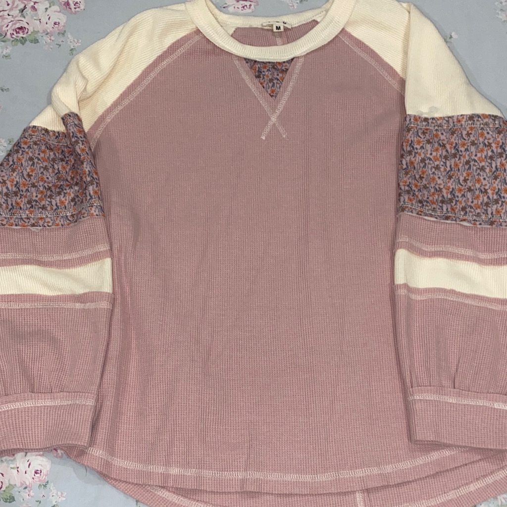 Pol Waffle Knit Patchwork Long Sleeve Top Size Medium